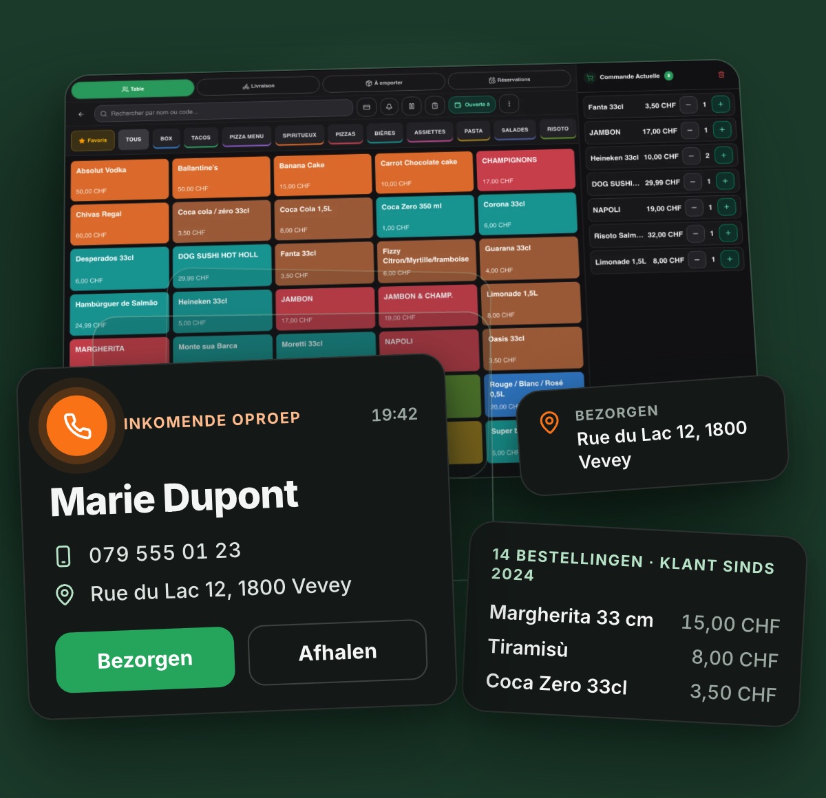 Voorbeeld van de klantkaart die op de kassa verschijnt terwijl de telefoon gaat.